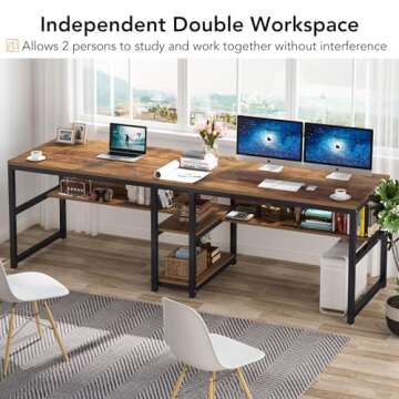 Tribesigns Two Person Desk with Bookshelf, 78.7 Computer Office Double Desk for Two Person, Rustic Writing Desk Workstation with Shelf for Home Office (Brown)
