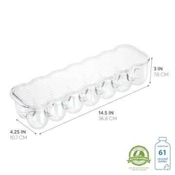 iDesign Plastic Egg Holder for Refrigerator with Handle and Lid, Fridge Storage Organizer for Kitchen, Holds up to 14, 4.25" x 14.5" x 3", Clear