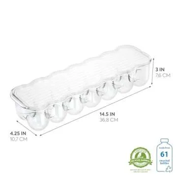 iDesign Plastic Egg Holder for Refrigerator with Handle and Lid, Fridge Storage Organizer for Kitchen, Holds up to 14, 4.25" x 14.5" x 3", Clear