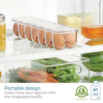 iDesign Plastic Egg Holder for Refrigerator with Handle and Lid, Fridge Storage Organizer for Kitchen, Holds up to 14, 4.25" x 14.5" x 3", Clear