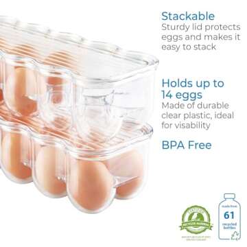 iDesign Plastic Egg Holder for Refrigerator with Handle and Lid, Fridge Storage Organizer for Kitchen, Holds up to 14, 4.25" x 14.5" x 3", Clear
