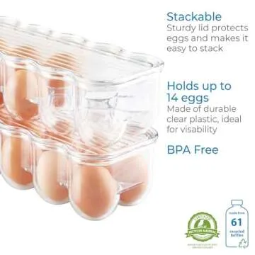 iDesign Plastic Egg Holder for Refrigerator with Handle and Lid, Fridge Storage Organizer for Kitchen, Holds up to 14, 4.25" x 14.5" x 3", Clear
