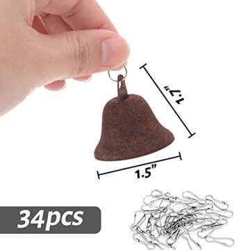 MCPINKY Rusty Craft Bells, 34PCS Rusted Vintage Bells 1.7Inch Small Bells Bulk with Spring Hooks for...