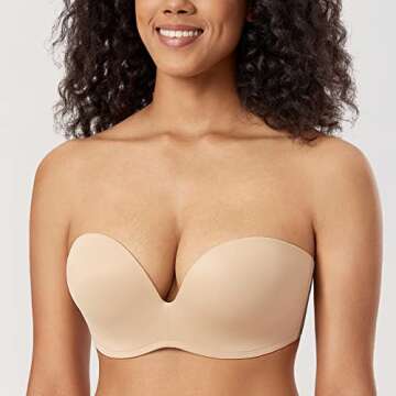 Strapless Plunge Push Up Bra for Big Busts in Beige