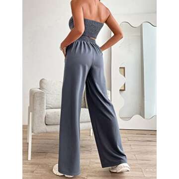 SOLY HUX Women's Summer 2 Piece Outfits Shirred Back Bandana Tube Crop Top and Pants Set Solid Dark Grey L