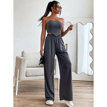 SOLY HUX Women's Summer 2 Piece Outfits Shirred Back Bandana Tube Crop Top and Pants Set Solid Dark Grey L