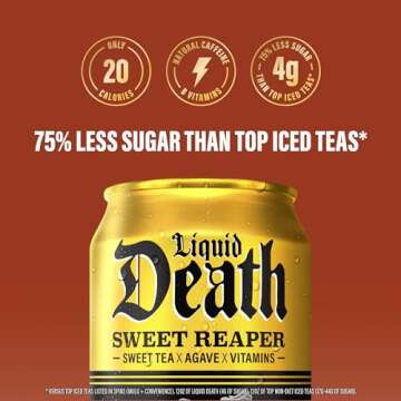 Liquid Death, Sweet Reaper Iced Tea, 12-Pack (12 oz Cans), Southern Style Sweet Tea, Low Calorie, No Artificial Sweeteners, B Vitamins