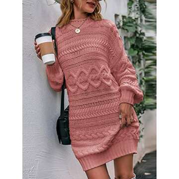 Eteviolet Women Turtleneck Cable Knit Sweater Dress Casual Loose Long Sleeve Mini Pullover Dresses (Dusty Pink,M)