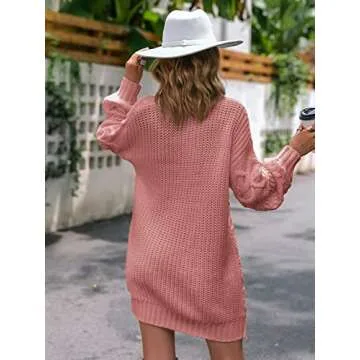 Eteviolet Women Turtleneck Cable Knit Sweater Dress Casual Loose Long Sleeve Mini Pullover Dresses (Dusty Pink,M)