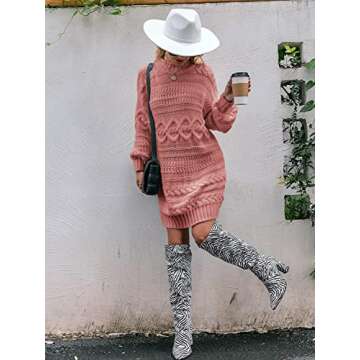 Eteviolet Women Turtleneck Cable Knit Sweater Dress Casual Loose Long Sleeve Mini Pullover Dresses (Dusty Pink,M)