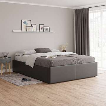 ZTOZZ Roncoli Platform Bed Frame King Size with Gas Lift Up Storage and 2 Drawers Underneath - Faux Leather Upholstered - Black Color