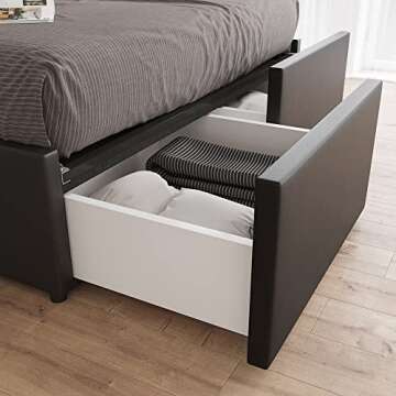 ZTOZZ Roncoli Platform Bed Frame King Size with Gas Lift Up Storage and 2 Drawers Underneath - Faux Leather Upholstered - Black Color