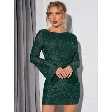 EYNMIN Women's Sparkly Sequin Backless Tie Mini Dress Long Sleeve Glitter Bodycon Party Club Dresses DG M