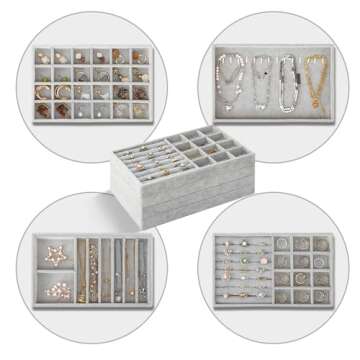 Fixwal Set of 4 Jewelry Tray, 9in Small Jewelry Organizer for Drawers, Stackable Display Tray for Rings, Necklaces, Bracelets, Earrings, Grey