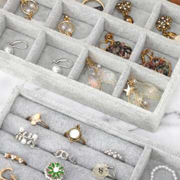 Fixwal Set of 4 Jewelry Tray, 9in Small Jewelry Organizer for Drawers, Stackable Display Tray for Rings, Necklaces, Bracelets, Earrings, Grey