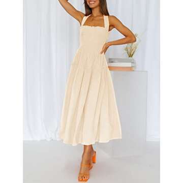 ZESICA Women's Summer Boho Tiered Midi Dress in Beige