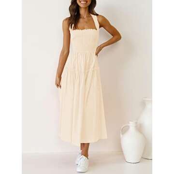 ZESICA Women's Summer Boho Tiered Midi Dress in Beige