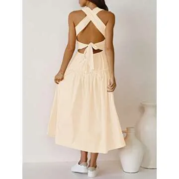 ZESICA Women's Summer Boho Tiered Midi Dress in Beige