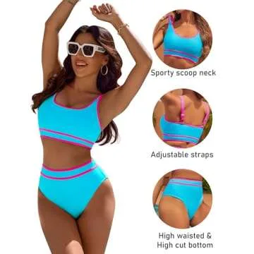 BMJL Women's High Waisted Bikini Sets Sporty Two Piece Swimsuits Color Block Cheeky High Cut Bathing Suits(L,Sky Blue)