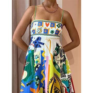 Recious Womens Sexy Spaghetti Strap Ruched Graffiti Printed Bodycon A-line Party Clubwear Dress(2.S)