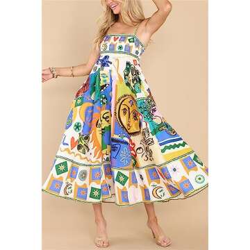 Recious Womens Sexy Spaghetti Strap Ruched Graffiti Printed Bodycon A-line Party Clubwear Dress(2.S)