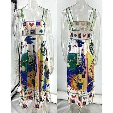 Recious Womens Sexy Spaghetti Strap Ruched Graffiti Printed Bodycon A-line Party Clubwear Dress(2.S)