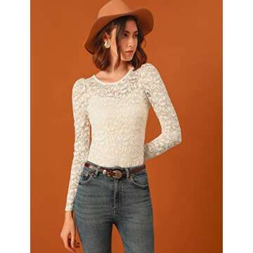Allegra K Women's Puff Long Sleeve Mesh Sheer Floral Embroidery Blouse Lace Top - Beige