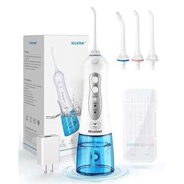Cordless Water Flosser Teeth Cleaner, Blue and Grey Bundle Nicefeel 300ML Portable and USB Rechargeable Oral Irrigator for Travel, IPX7 Waterproof, 3-Mode Water Flossing with 4 Jet Tips for Home