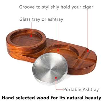 Cigar Ashtray Coaster Whiskey Glass Tray and Cigar Holder, Wooden Ash Tray, Slot to Hold Cigar, Cigar Rest Cigar Accessory Set Gift for Men Dad, Great Decor for Home (Classic)