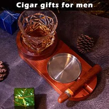 Cigar Ashtray Coaster Whiskey Glass Tray and Cigar Holder, Wooden Ash Tray, Slot to Hold Cigar, Cigar Rest Cigar Accessory Set Gift for Men Dad, Great Decor for Home (Classic)