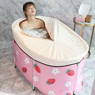 Portable Folding Bathtub Soaking Bath Tub, Separate Family Bathroom SPA Tub for Adult, BDL Freestanding Bathtub for Shower Stall,Thickening with Thermal Foam to Keep Temperature (Strawberry)