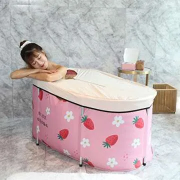 Portable Folding Bathtub Soaking Bath Tub, Separate Family Bathroom SPA Tub for Adult, BDL Freestanding Bathtub for Shower Stall,Thickening with Thermal Foam to Keep Temperature (Strawberry)