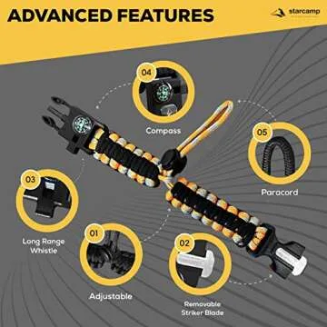 Starcamp Paracord Survival Bracelet Loud Whistle Emergency Compass Survival Fire Starter Scraper Accessories for Hiking and Camping 2-Pack (Black+Orange)