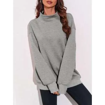 Fisoew Women's Oversized Turtleneck Sweatshirt Long Sleeve Pullover Casual Tops Grey