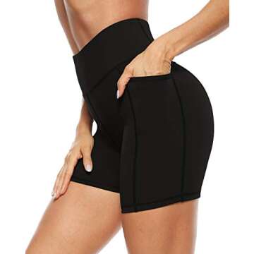 AFITNE Yoga Shorts for Women with Pockets High Waisted Printed Workout Athletic Running Shorts Biker Spandex Gym Fitness Leggings Black - S