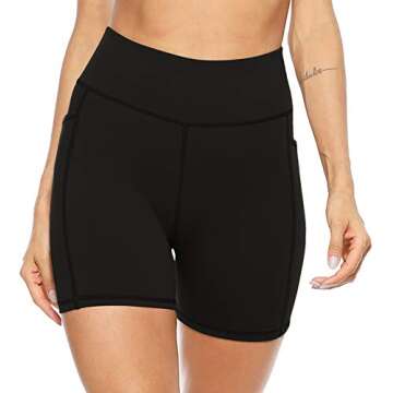 AFITNE Yoga Shorts for Women with Pockets High Waisted Printed Workout Athletic Running Shorts Biker Spandex Gym Fitness Leggings Black - S