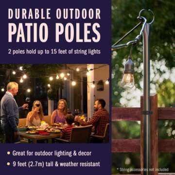 Holiday Styling String Light Poles w/Hooks for Outdoor String Lighting , Metal - Patio Light Accesso...