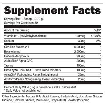 Bucked Up Pre Workout 6 Grams Citrulline, 2 Grams Beta Alanine, and 3 Other Registered trademarked Ingredients (Grape)