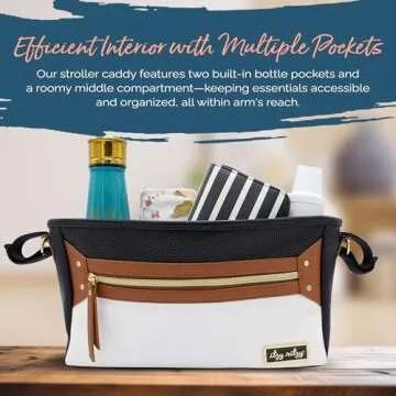 Itzy Ritzy Adjustable Stroller Caddy / Organizer - Stroller Organizer Bag Featuring Front Zippered Pocket, 2 Built-In Interior Pockets & Adjustable Straps to Fit Nearly Any Stroller (Coffee and Cream)