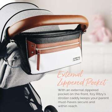 Itzy Ritzy Adjustable Stroller Caddy / Organizer - Stroller Organizer Bag Featuring Front Zippered Pocket, 2 Built-In Interior Pockets & Adjustable Straps to Fit Nearly Any Stroller (Coffee and Cream)