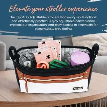 Itzy Ritzy Adjustable Stroller Caddy / Organizer - Stroller Organizer Bag Featuring Front Zippered Pocket, 2 Built-In Interior Pockets & Adjustable Straps to Fit Nearly Any Stroller (Coffee and Cream)
