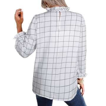 Avanova Women 3/4 Long Sleeve Work Business Top Ruffle Mock Neck Blouse Shirts Plaid White X-Large