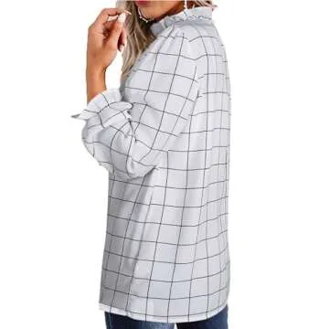 Avanova Women 3/4 Long Sleeve Work Business Top Ruffle Mock Neck Blouse Shirts Plaid White X-Large