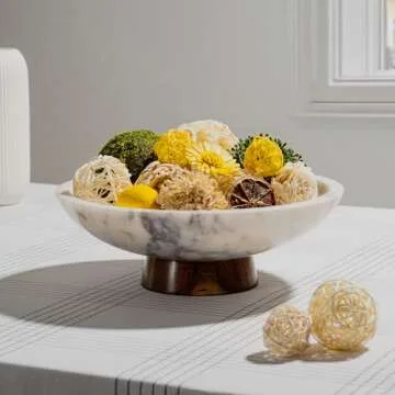 Cork & Mill Marble Decorative Bowl for Home Decor - Handcrafted Natural Stone with Acacia Wood Pedestal - Versatile 11" Catch All for Entryway, Kitchen Fruit Bowl, Potpourri, Dining Table Centerpiece