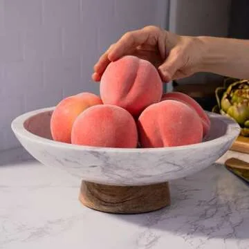 Cork & Mill Marble Decorative Bowl for Home Decor - Handcrafted Natural Stone with Acacia Wood Pedestal - Versatile 11" Catch All for Entryway, Kitchen Fruit Bowl, Potpourri, Dining Table Centerpiece