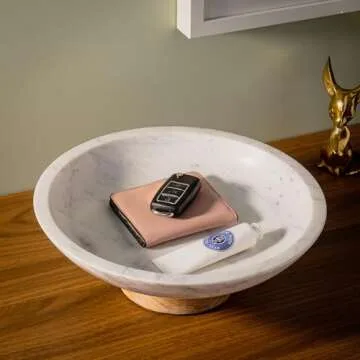 Cork & Mill Marble Decorative Bowl for Home Decor - Handcrafted Natural Stone with Acacia Wood Pedestal - Versatile 11" Catch All for Entryway, Kitchen Fruit Bowl, Potpourri, Dining Table Centerpiece