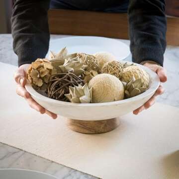 Cork & Mill Marble Decorative Bowl for Home Decor - Handcrafted Natural Stone with Acacia Wood Pedestal - Versatile 11" Catch All for Entryway, Kitchen Fruit Bowl, Potpourri, Dining Table Centerpiece