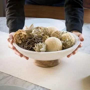 Cork & Mill Marble Decorative Bowl for Home Decor - Handcrafted Natural Stone with Acacia Wood Pedestal - Versatile 11" Catch All for Entryway, Kitchen Fruit Bowl, Potpourri, Dining Table Centerpiece