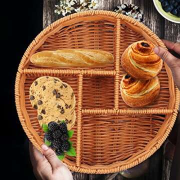 Hand- Woven Rattan Serving Tray Divided Wicker Bread Fruit Basket Decorative Nesting Tray Snack Nut ...