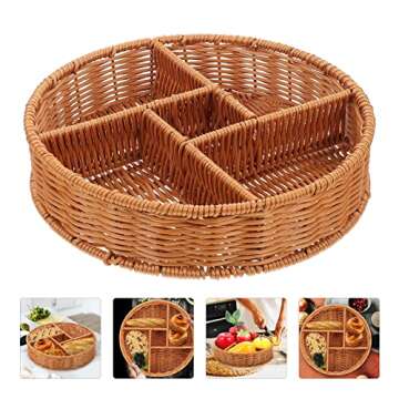 Hand- Woven Rattan Serving Tray Divided Wicker Bread Fruit Basket Decorative Nesting Tray Snack Nut Serving Tray Sundries Organizers for Breakfast Drinks Snack Dining Coffee Table
